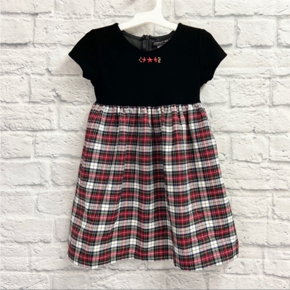 Emily West Girl Christmas Holiday Dress Size 4 Cap Sleeve Plaid Velour Black Red